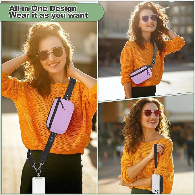 YFWE Clip and Go Strap for Phone with Wallet Crossbody, Adjustable Phone Lanyard with Detachable RFID Wristlet Wallet & Ultra-Thin 360° Rotatable Metal Tabs for All Smartphones (Purple)