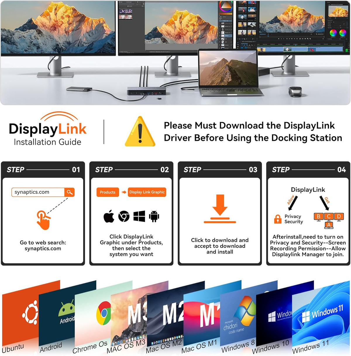 Displaylink Docking Station Triple 4K HDMI Monitors for MacBook M1 M2 M3 M4/Windows Laptop,Displaylink Dock with 140W PD Adapter, 3 HDMI,2 DisplayPort,10Gbps USB-C/A Ports, Ethernet, Audio,SD/TF Card