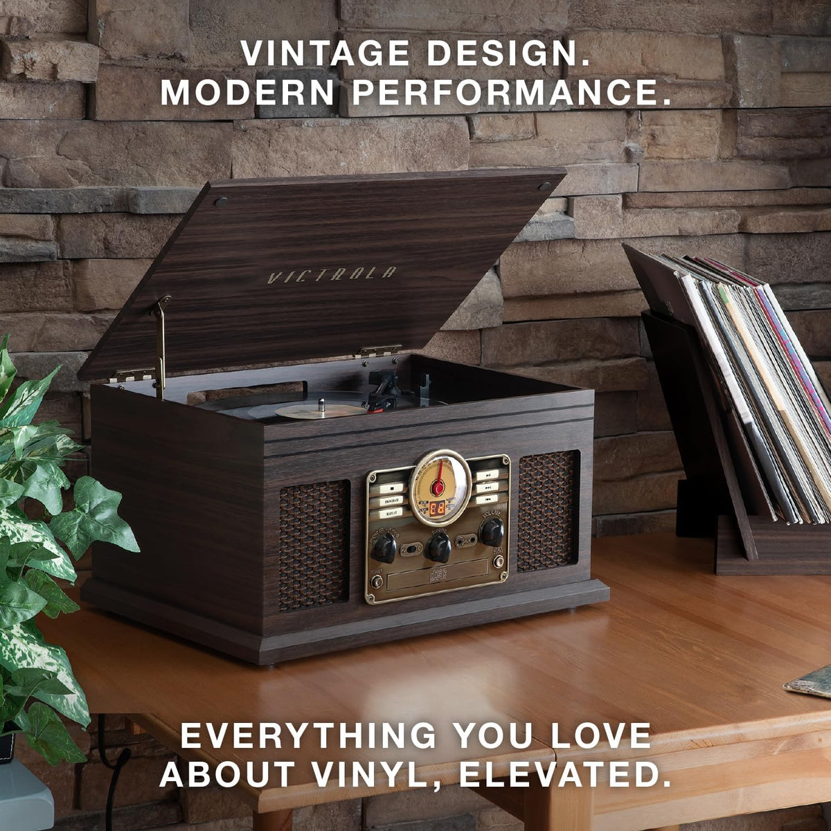 Victrola The Quincy 6-in-1 Bluetooth Record Player & Multimedia Center with Built-in Speakers – 3-Speed Turntable, CD & Cassette Player, AM/FM Radio, Wireless Music Streaming (Farmhouse Shiplap Grey)