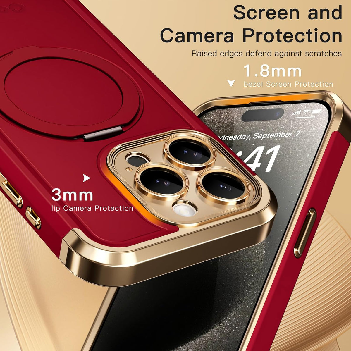 COOLQO for iPhone 15 Pro Max Case 6.7'' Upgraded 360° Spin Magnetic Stand [Compatible with Magsafe][Military Protection] Shockproof Protective Phone Holder Cover for iPhone 15 Pro Max, Red Gold