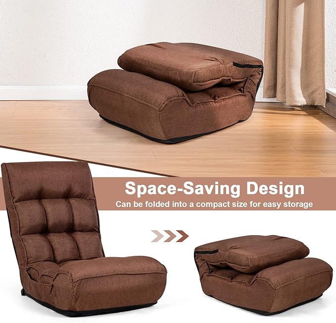 MAT EXPERT Folding Floor Chair Floor Gaming Chair w/ 4-Position Backrest 5-Position Adjustable Headrest Side Pocket Indoor Floor Chair w/Back Support for Bedroom Living Room (Coffee)