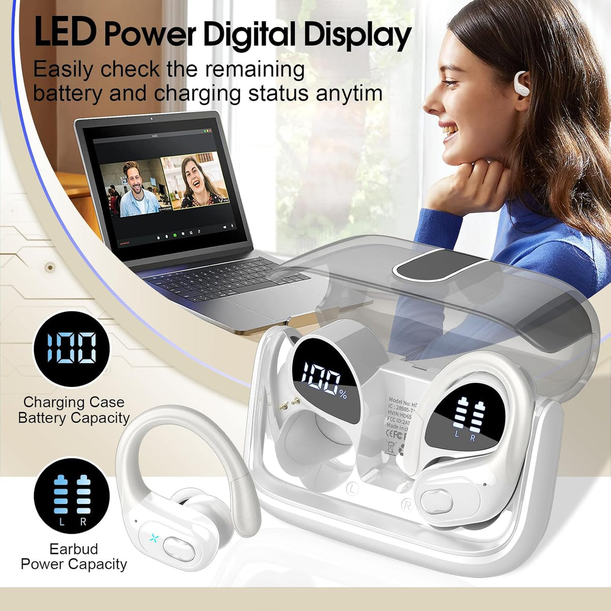 Wireless Earbuds 75hrs Bluetooth 5.4 Headphone Sport, 2025 Bluetooth Earbuds Stereo Deep Bass Over Ear Bud with Earhooks, ENC Noise Cancelling Mic, IPX7 Waterproof Earphone White