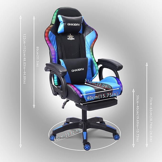 Massage Gaming Chair with Speakers and LED Light Ergonomic Computer Gaming Chair with Footrest and Adjustable Lumbar Support PU Leather 90°-135° Racing Video Gaming Chair.White