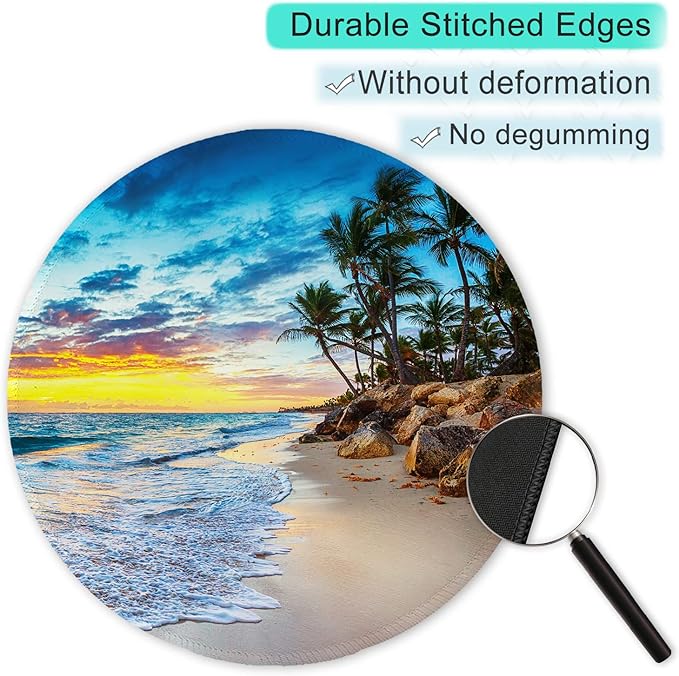 ITNRSIIET Round Mouse Pad with Stitched Edge Premium-Textured Waterproof Non-Slip Rubber Base Desktop Protection Mat Diameter 8.7 inches, Beach