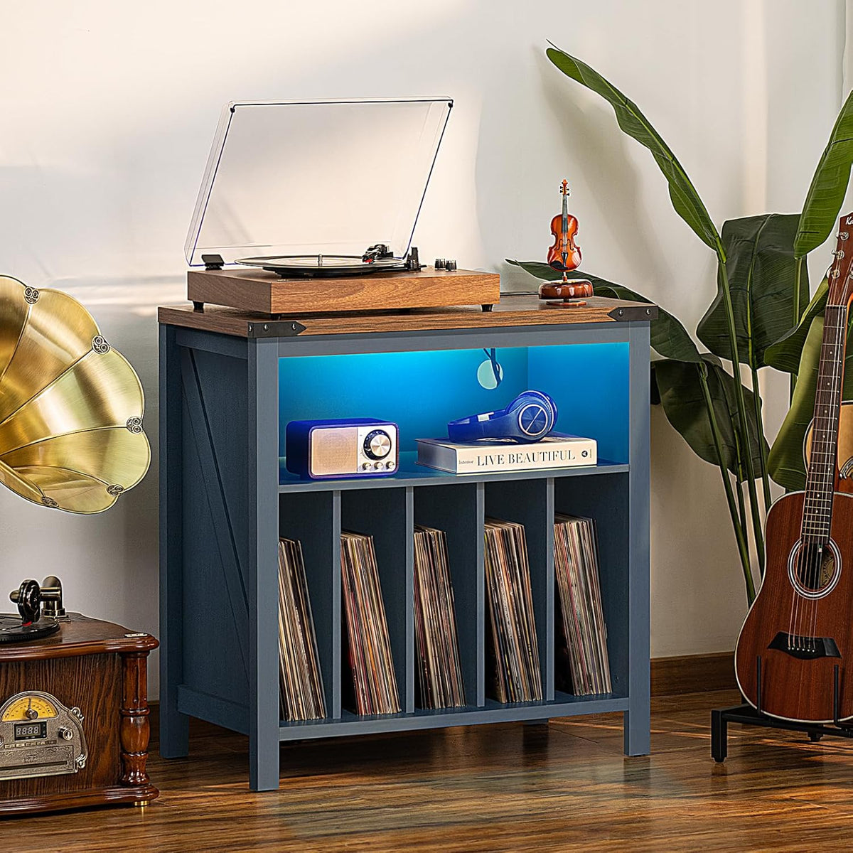 Large Record Player Stand with Charging Station & LED Lights, Vinyl Records Storage Holder Cabinet Holds up to 230 Albums, Turntable Stand for Music Room, Bedroom, Living Room, Office (Blue)