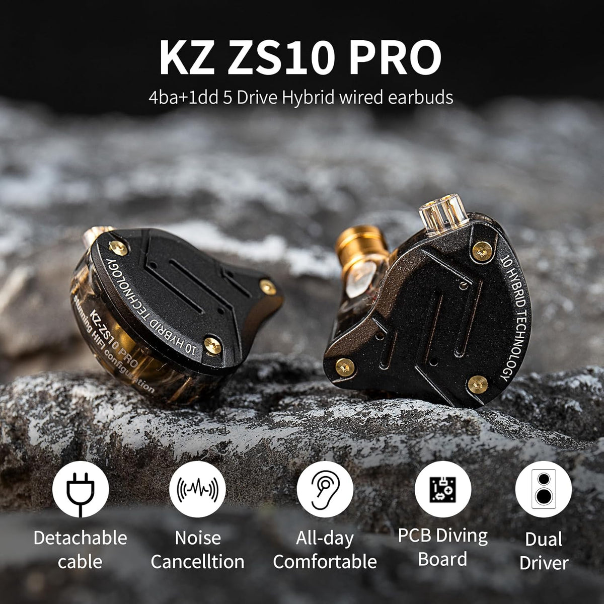 KZ ZS10 Pro Gaming Earbuds Headphone, KZ in Ear Monitor IEM HiFi Earphone with 5 Driver 4BA 1DD with Detachable 0.75mm 2 Pin Cable for Singer Musician Drummer (Purple with Mic)