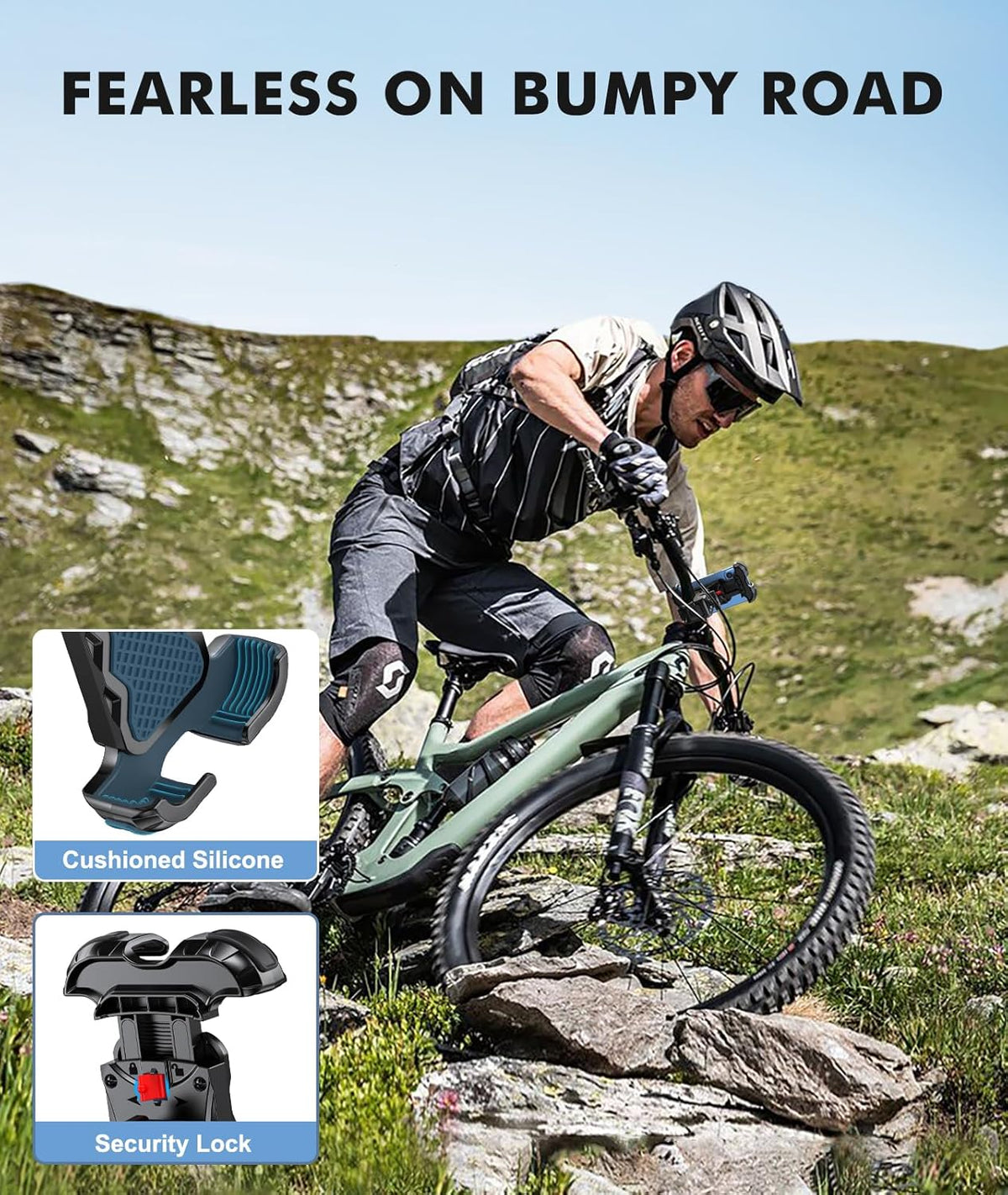 Motorcycle Phone Mount, Upgrade Bike Phone Mount [1s Lock][Secure Protection], 360° Rotatable Phone Holder for Mountain Bike/ATV/Scooter Handlebar Stand, Compatible with iPhone/Samsung 4.7-6.7"