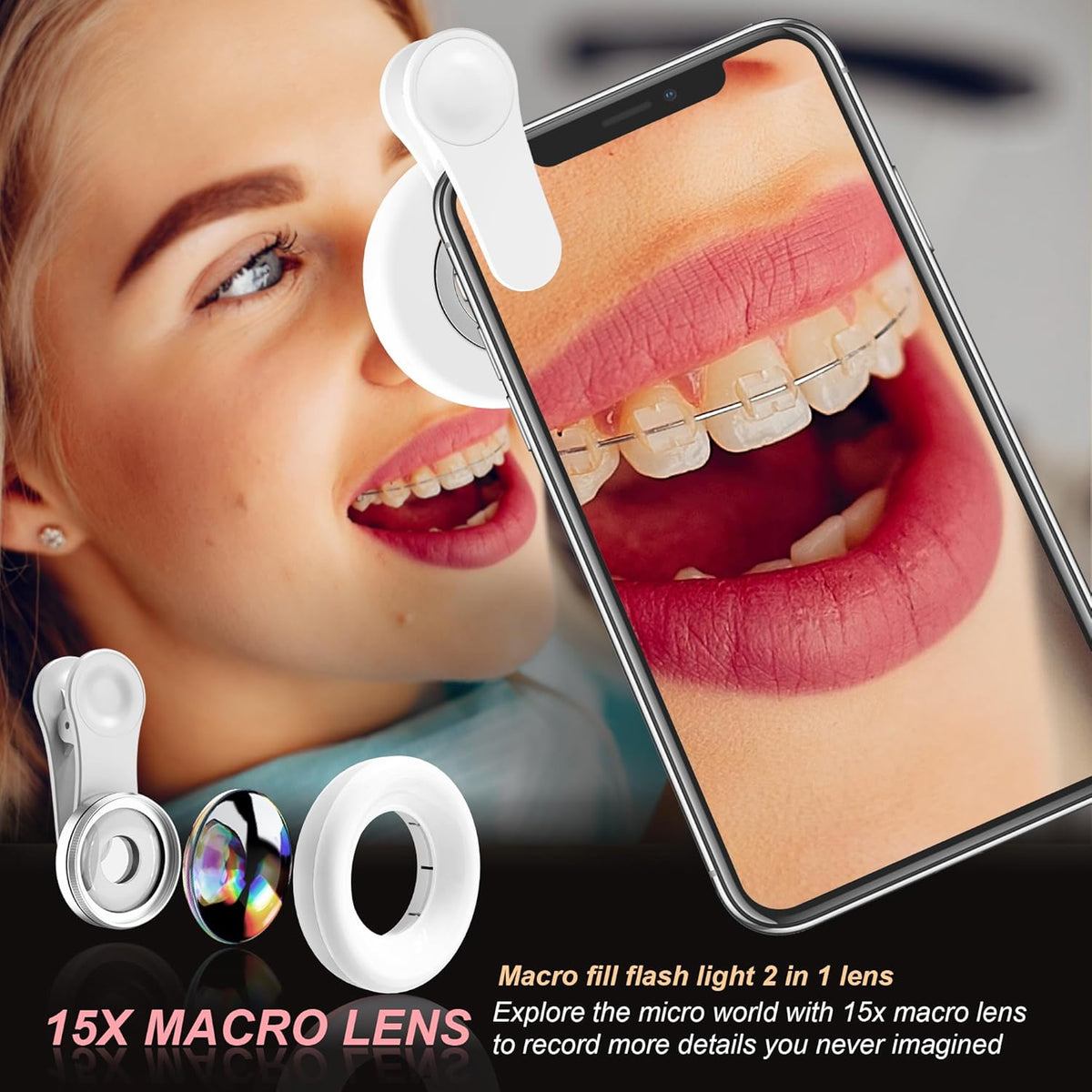 15X Macro Lens with LED Ring Light for iPhone & Android - Rechargeable Portable Clip-On Lens for Smartphone Photography, Vlogging, Close-Up Photos & Video Recording - 3 Light Modes, USB Fast Charging