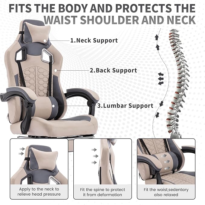 Gaming Chair Home Office Computer Chair Ergonomic Executive Swivel Rolling Chair with Footrest Comfortable Headrest and Lumbar Support for Back Pain Women Men (Grey)