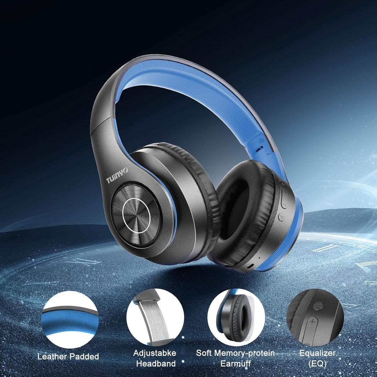 TUINYO Bluetooth Headphones Wireless, Over Ear Stereo Wireless Headset 40H Playtime with deep bass, Soft Memory-Protein Earmuffs, Built-in Mic Wired Mode PC/Cell Phones/TV-Black/Blue …