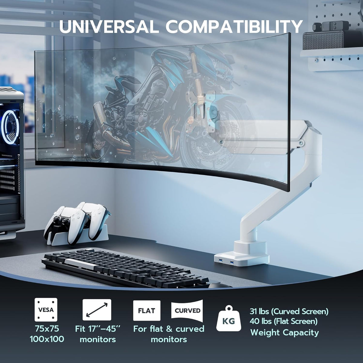 ARES WING Single Monitor Arm, Heavy Duty Adjustable Monitor Arm for 13"-45" Screens with USB, Gas Spring Desk Mount Stand with C Clamp/Grommet Mounting Base up to 40lbs Computer, White