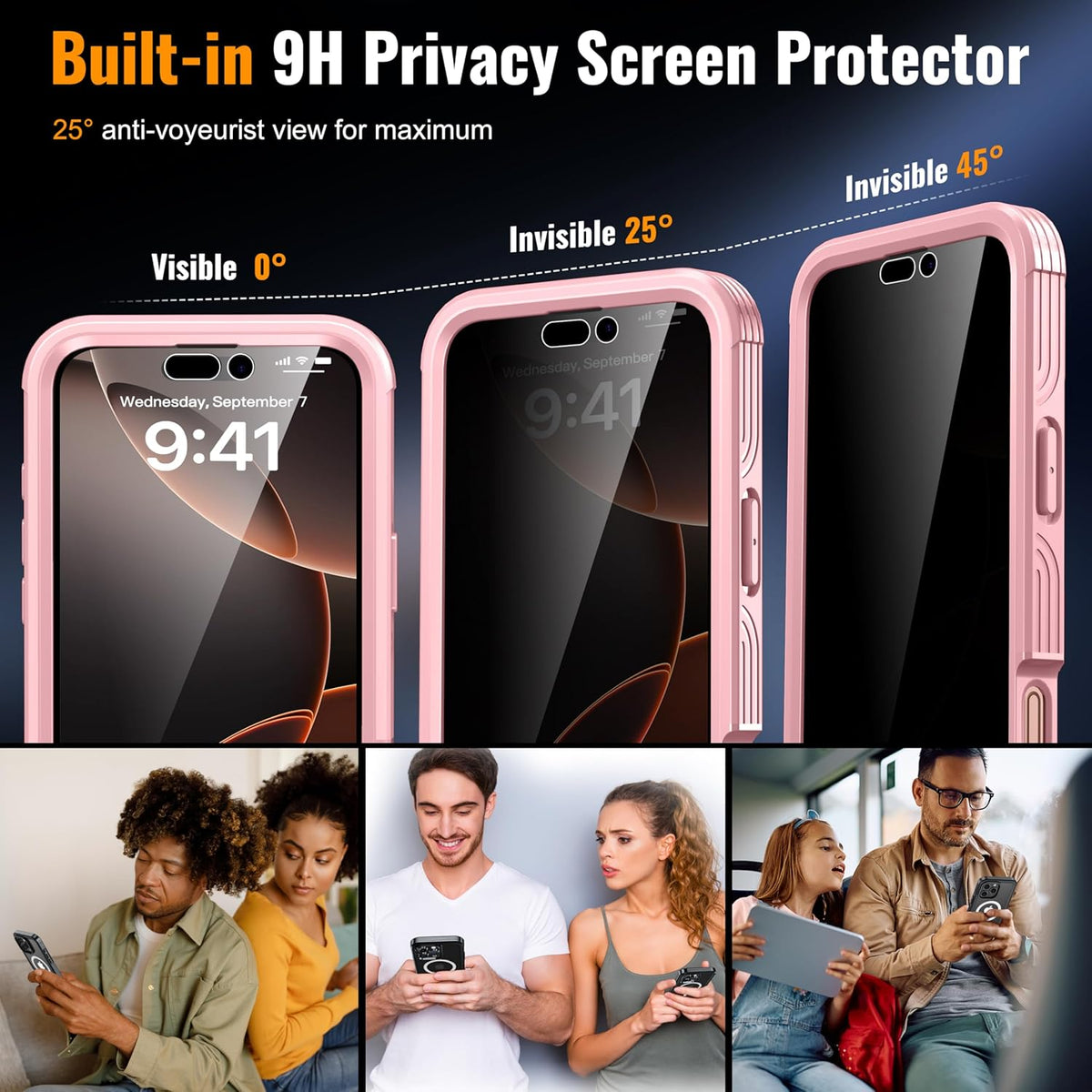 Magnetic & Stand for iPhone 16 Pro Max Case Built-in Privacy Screen Protector[360° Full Body Protection][Fit for Magsafe][Lens Protector] Heavy Duty Shockproof Case for iPhone 16 Pro Max Pink