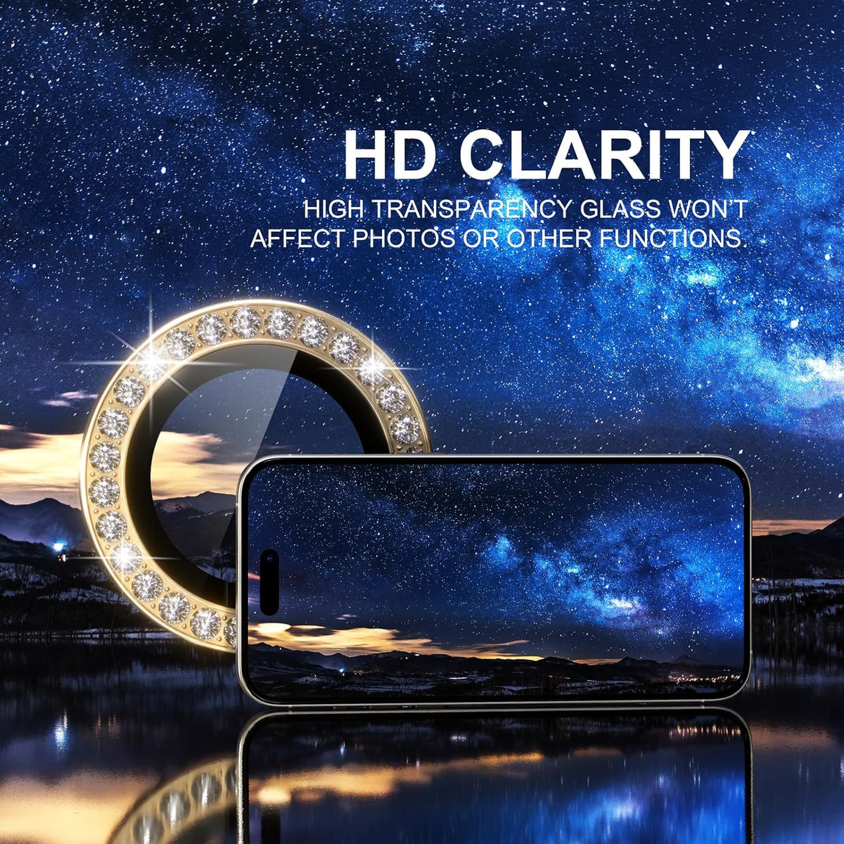 Choiche Compatible for iPhone 15 Pro/iPhone 15 Pro Max Camera Lens Protector Bling, 9H Tempered Glass Camera Cover Screen Protector Metal Ring Decoration Accessories (Diamond-Gold)