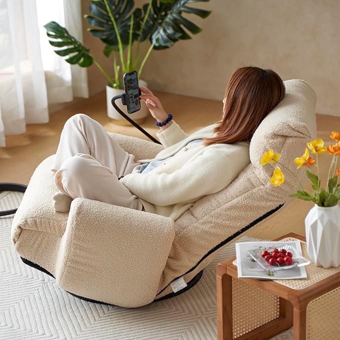 Gaming Chair Floor Sofa 360° Swivel Gaming Lounge Chair with Adjustable Backrest &amp Armrests Game Chair w/Phone Holder &amp Side Pocket Teddy Fluffy Recliner for Bedroom Living Room Dorm (Beige