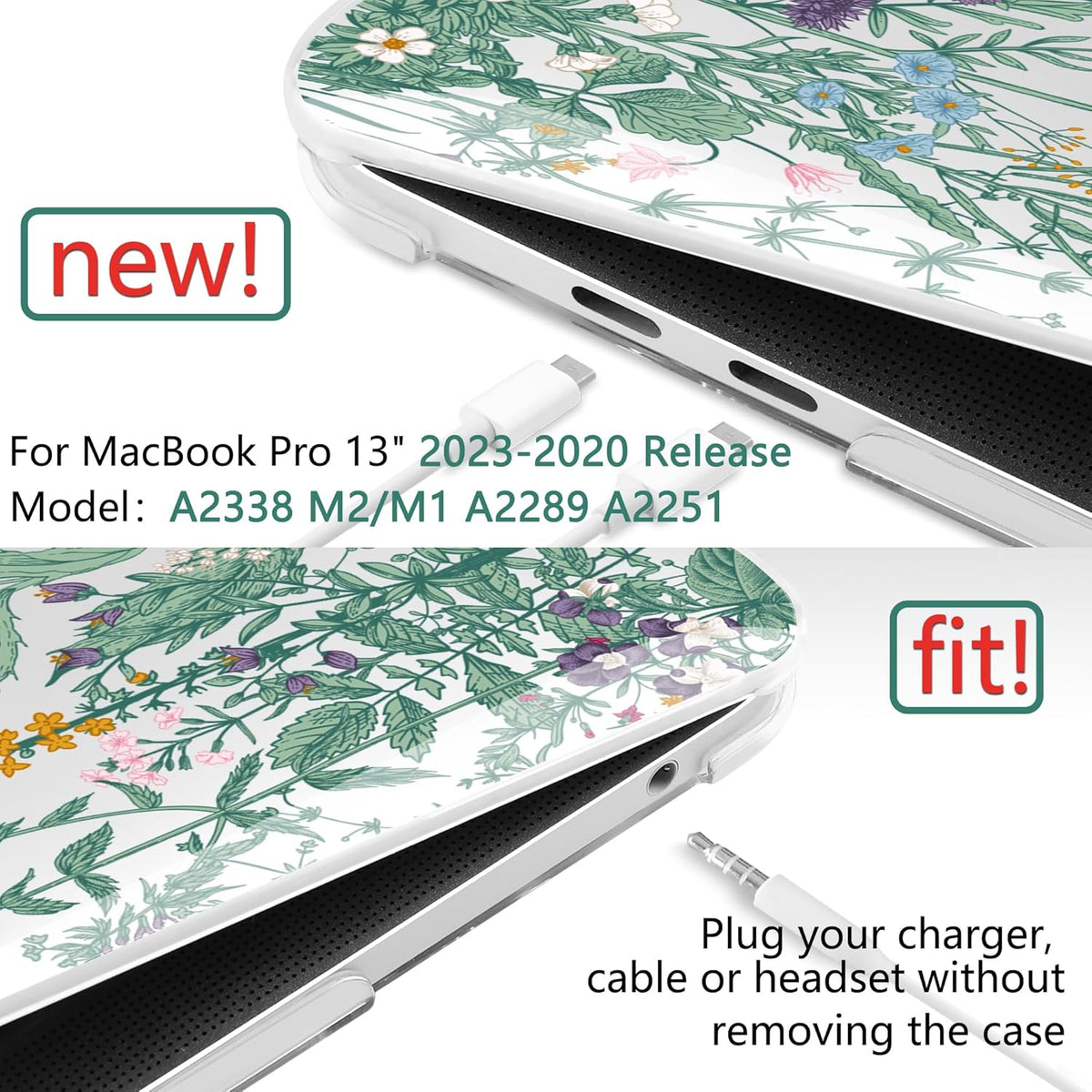 TWOLSKOO Compatible with MacBook Pro 13 inch Case 2023-2016 A2338 M2/M1 A2251 A2289 A2159 A1989 A1706, Plastic Hard Shell Cover & Keyboard Skin & Screen Protector, Botanical Illustration