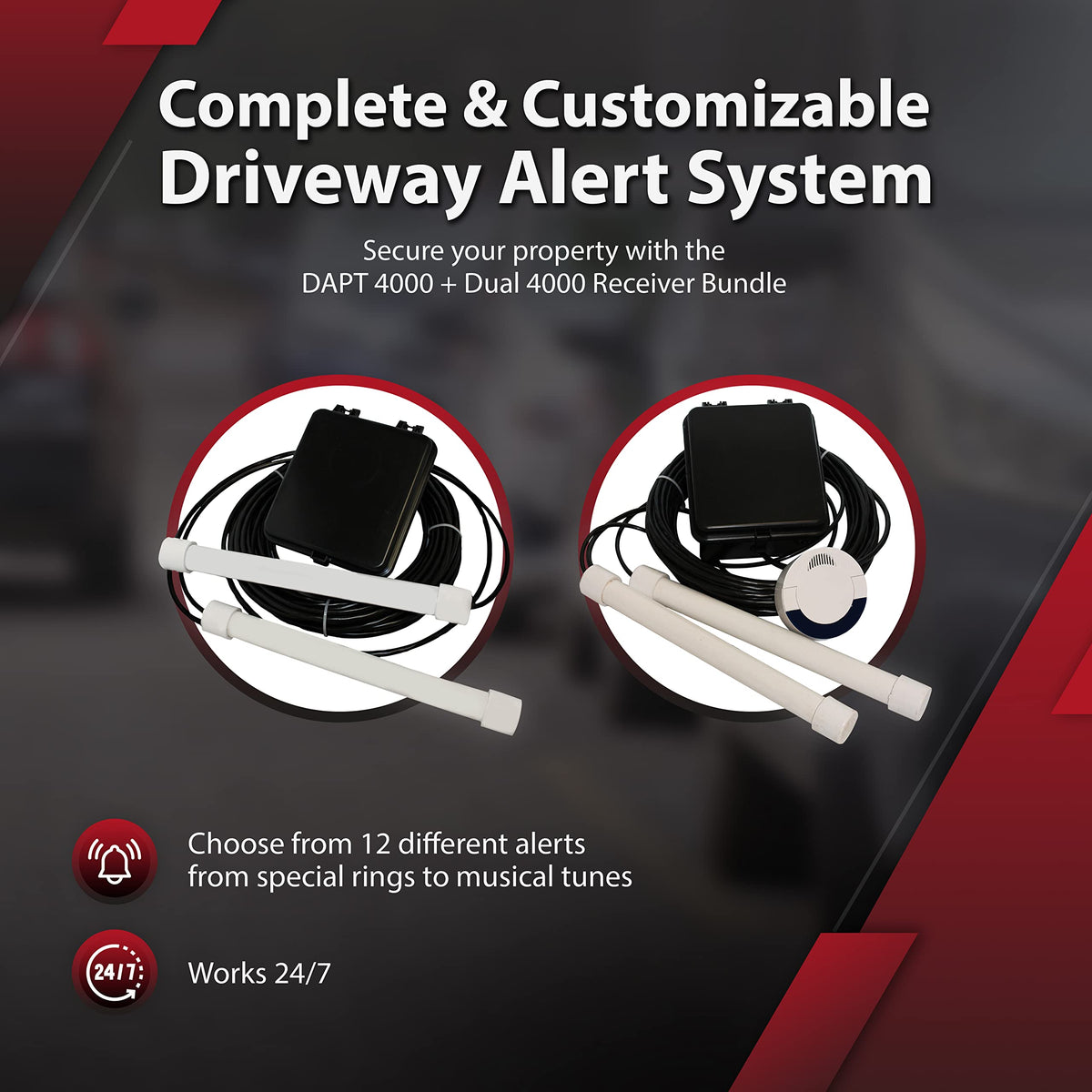 Dakota Alert Driveway Alarm System -DUAL-4000, Includes DCR-4000 Receiver & DAPT-4000 Transmitter, Detects Inbound & Outbound Traffic, Driveway Alarms