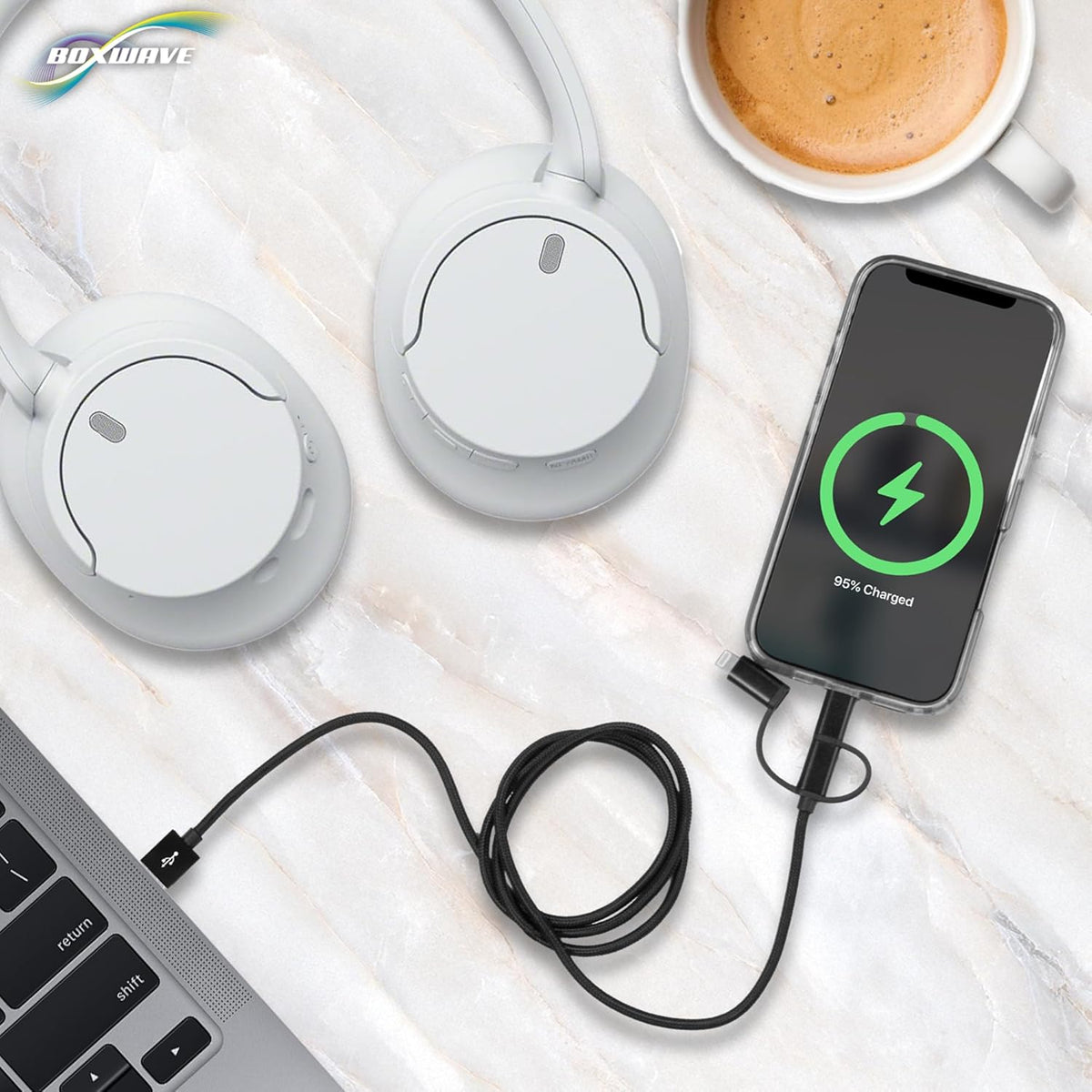 BoxWave S7 MP3 3-in-1 Cable Compatible with QNGEE Portable Player - AllCharge Cable - Jet Black