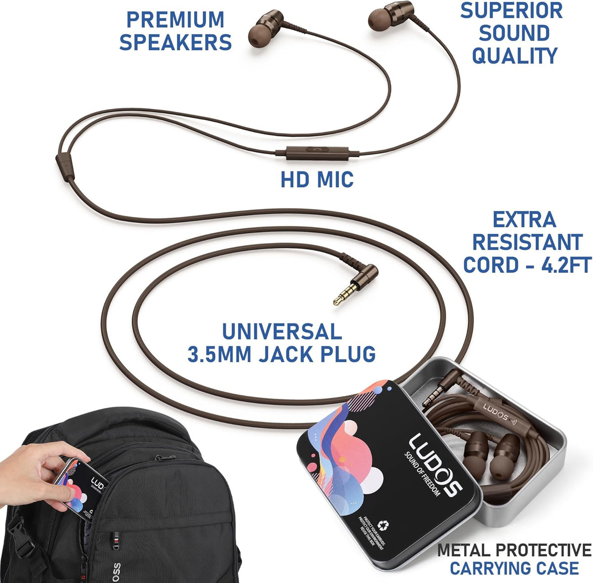 LUDOS OMNITONE Wired Earbuds in-Ear Headphones, 5 Year Warranty, Earphones with Microphone, 3.5 mm Jack Corded Ear Buds, Videoconference for iPhone, Samsung, Laptop, Kids, School Students - Brown