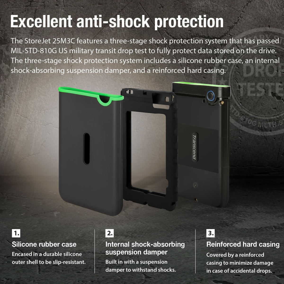 Transcend 2TB SJ25M3C, USB 3.1 Portable Hard Drive Rugged, Anti-Shock Resistant, Compact and Lightweight with Lightning-Fast Speeds, One Touch Backup Button, Type C, Iron Grey - TS2TSJ25M3C