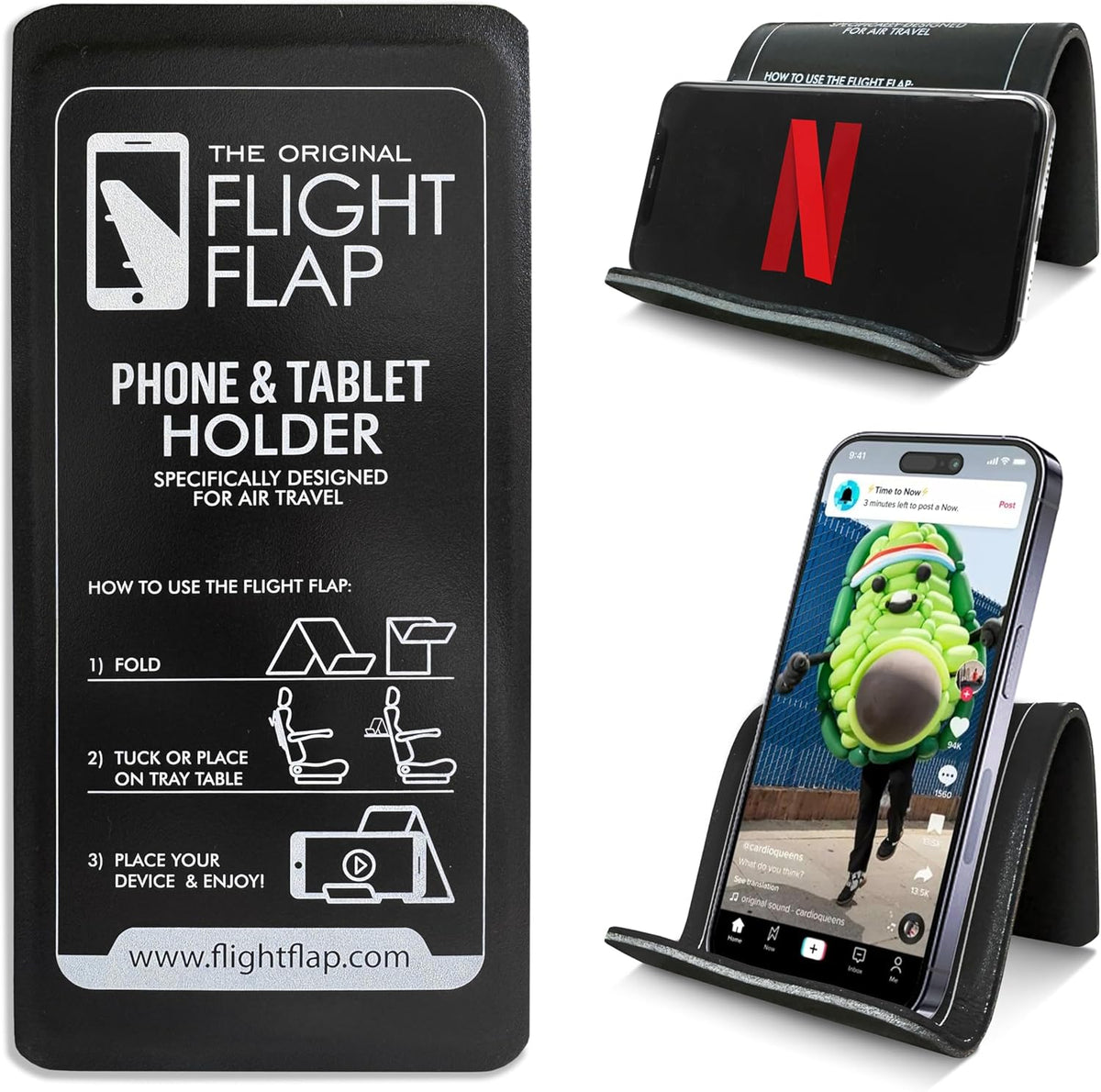 Airplane Phone Holder, Flexible Cell Phone Holder, Folding Cellphone Stand for Desk, Bed, Office, Treadmill - Airplane Accessories Long Flight Travel - Plane Essentials (Original Black)