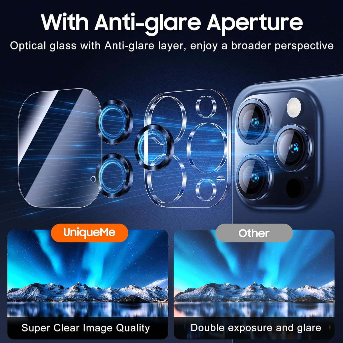 UniqueMe Compatible for 3 Pack iPhone 15 Pro/iPhone 15 Pro Max Camera Lens Protector, [Drop Protection] [Case Friendly] 9H Tempered Glass Camera Cover Screen [2023 New Version]- Blue