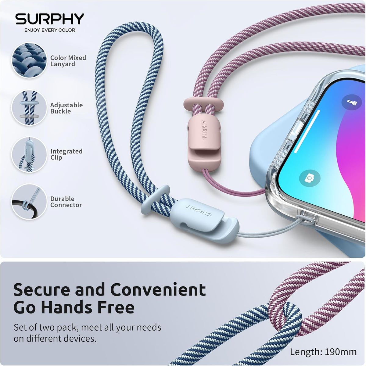 SURPHY 2 Pack Phone Lanyard for Cellphone Case, Phone Wrist Strap for Case, Cellphone Strap with 2-Color Braided, Charm Wrist Lanyard for Women and Men, Pink & Cloud Blue
