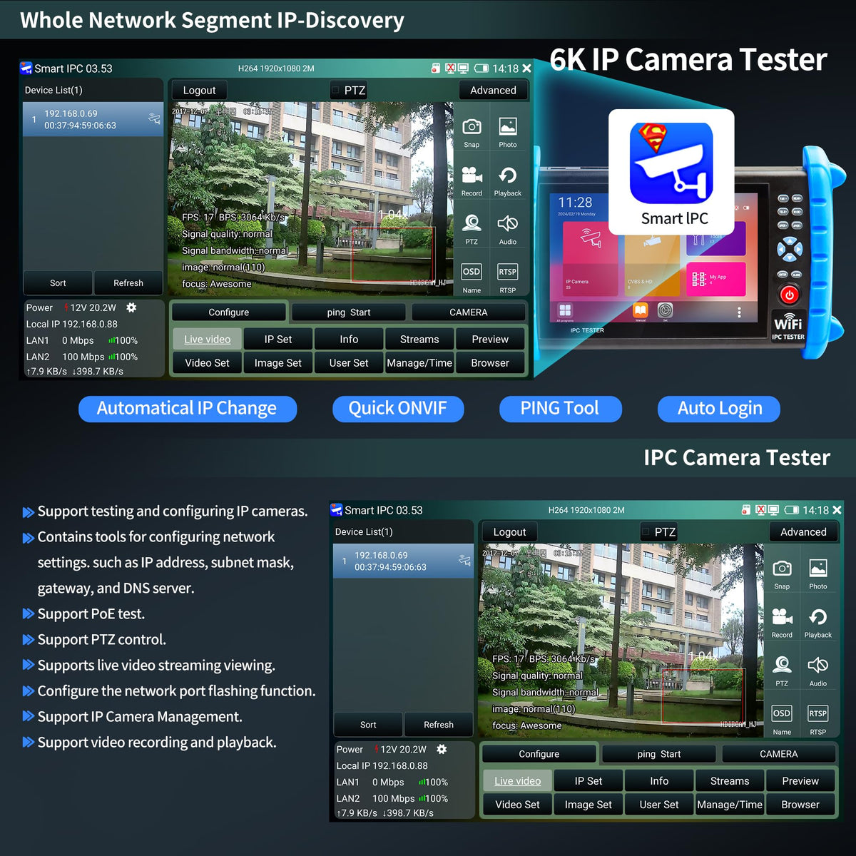 RAINLEOTI CCTV Camera Tester 7" IPS Touch Screen 6K 12mp IP Camera Tester CVBS Analog Camera Built-in WiFi with IP Discovery/POE/RJ45 Cable TDR