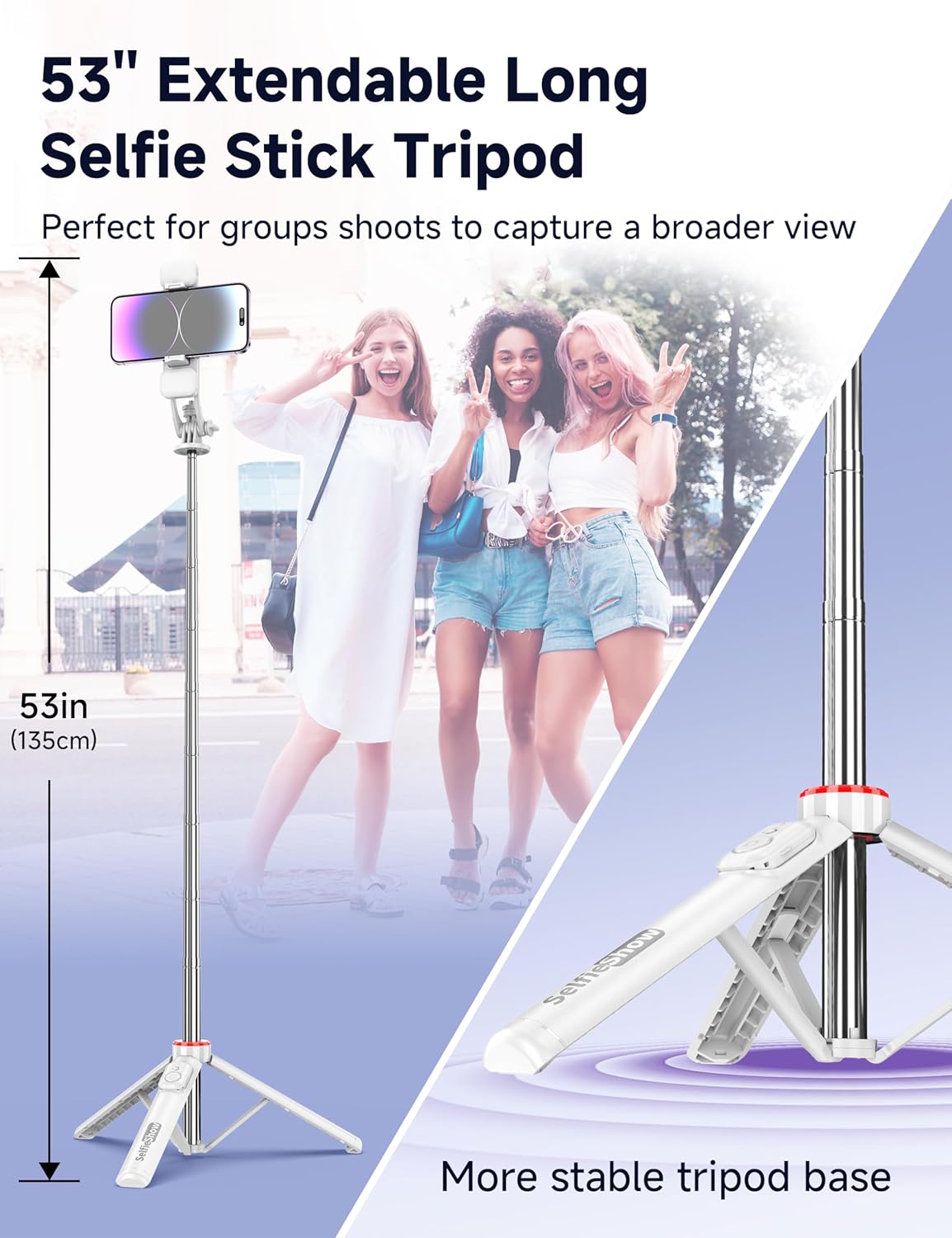 Selfie Stick Tripod with 2 Light, 3 Light Modes & 6 Brightness Levels Extendable Phone Tripod with Detachable Remote & Phone Holder, Portable Camera Tripod Compatible with iphone16 15 14 13/Android