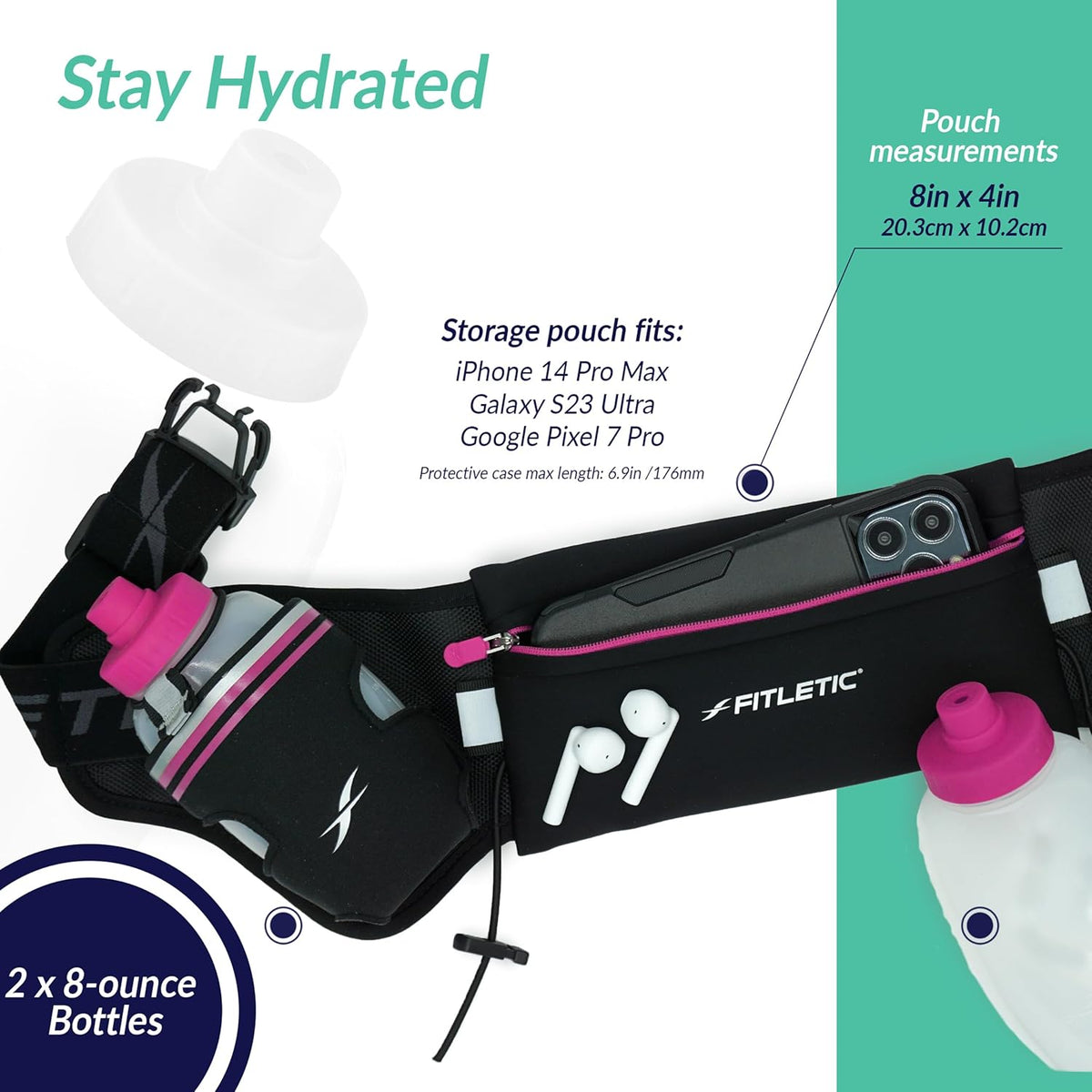 Fitletic Hydration Running Belt with Water Bottles for Men & Women – 2 Quick Flow 8oz Running Water Bottles, Patented Bounce Free Design, Water Resistant Pouch Fits All Phones – Hydra 16