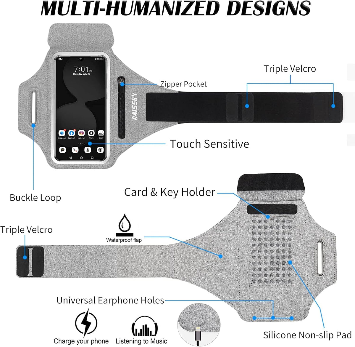 Running Armband with Earphone Bag Cell Phone Armband for iPhone 16 15 Pro 14 Plus 13 11 XR XS, Galaxy S24/S10 Water Resistant Sports Phone Holder Case & Zipper Slot Car Key Holder for 6.7 inch Phone