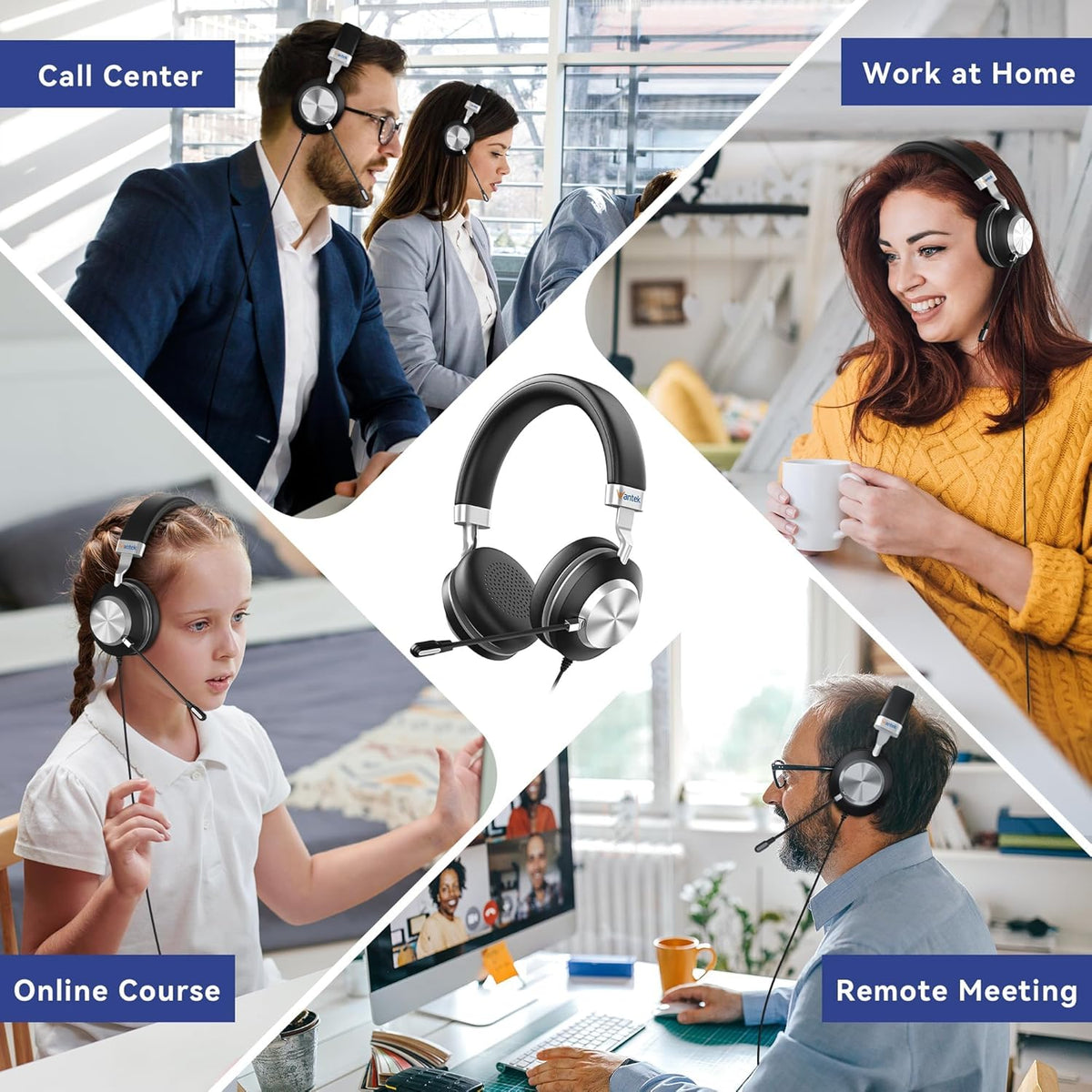 Wantek USB Headset with Microphone for PC,Laptop,Computer Headset with Noise Cancelling & Audio Controls,Wired Headset for Call Center,Work,Ofiice,Zoom,Binaural