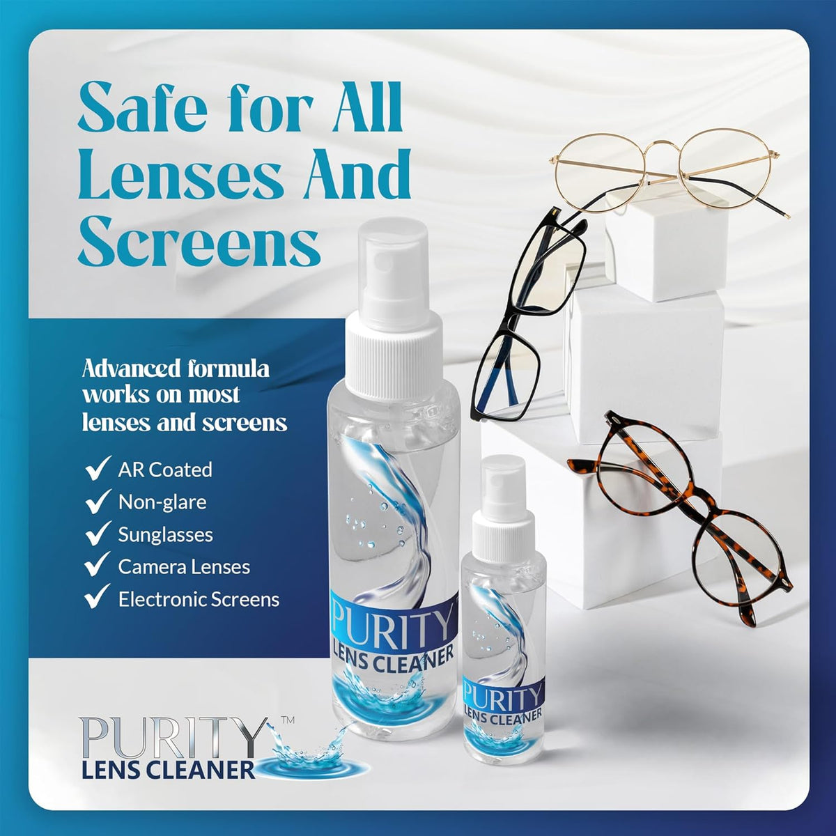 Purity Eyeglass Cleaner Mega Pack - Multi-Size Lens Cleaner Kit - 2x2oz, 3x8oz Bottles + 5 Black Premium Microfiber Cloths - Safe for All Lenses, Eyeglasses, and Screens - Streak-Free Formula