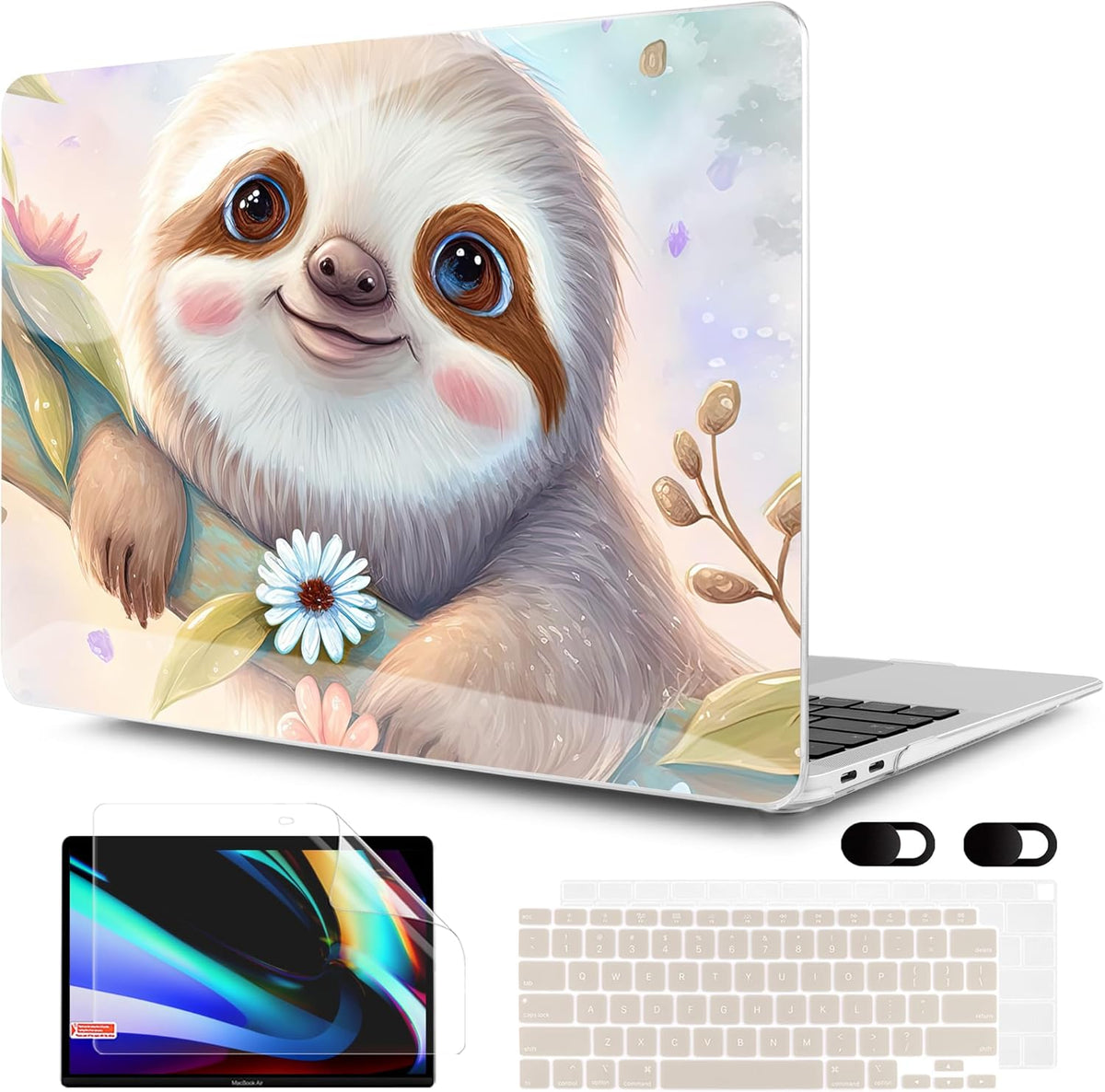 MEEgoodo for MacBook Air 13 inch Case 2021 2020 2019 2018 Released A2337 M1 A2179 A1932 with Touch ID, Plastic Hard Shell & Keyboard Cover Compatible with MacBook Air Case 13.3, Smiling Sloth