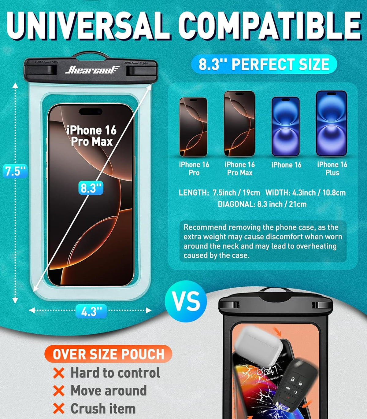Hiearcool Universal Waterproof Phone Pouch,IPX8 Cell Phone Waterproof Case Up to 8.3" for iPhone 16 15 14 13 Pro Max,Beach Essentials Vacation Must Haves-Clear&Bright Red-2Pack