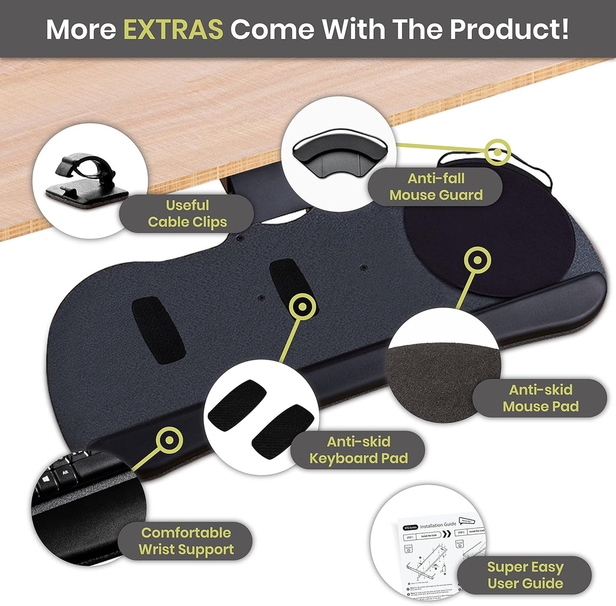 Under Desk Keyboard Tray, 27" x 11" Tray, 17.75" Track, One Knob Control, Undermount Sliding Computer Keyboard with Wrist Rest, Adjustable Height and ±15° Tilt