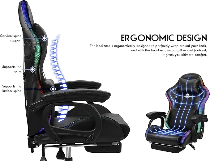 TBQATNTS Gaming Chair with RGB LED Light Ergonomic Massaging Computer Gaming Chair Video Gaming Chair with Footrest Reclining Gaming Chair with Speakers Office ChairRed