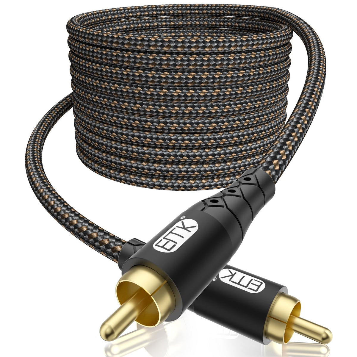 EMK RCA to RCA Subwoofer Cable – 24K Gold-Plated Connector Nylon Braided Double Shielded Audio Cable Digital&Analog Signal Support for Amplifiers Subwoofer Home Theater Hi-Fi Systems Black/15ft/5m