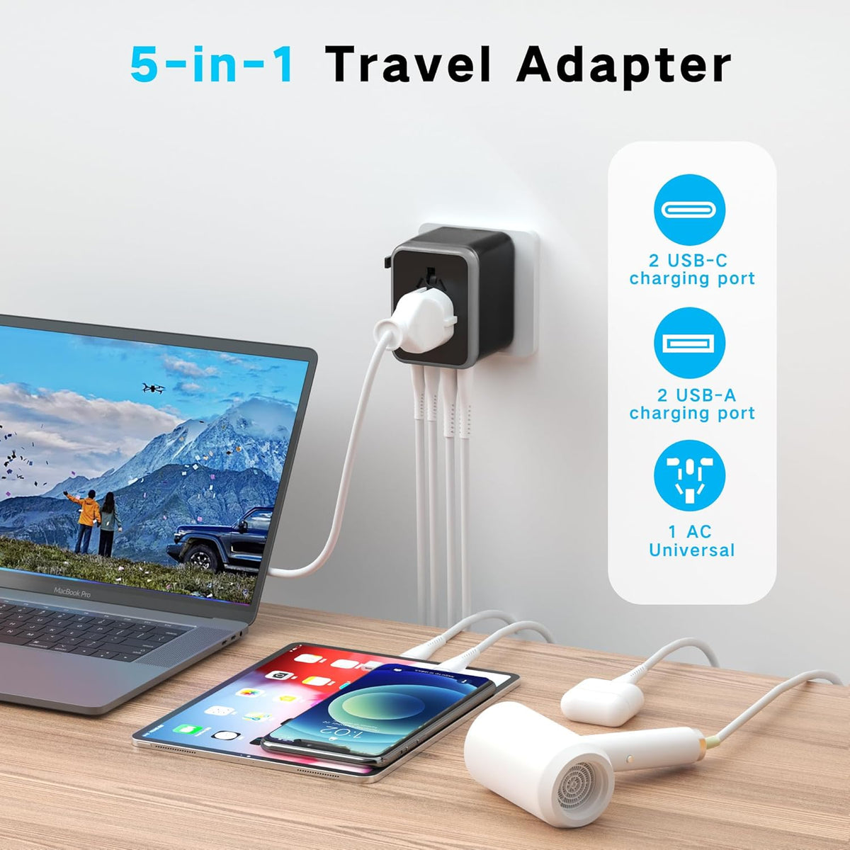 Universal Travel Adapter,adaptador de enchufe de pared internacional de CA de 20 W,cargador de viaje de 2 puertos USB C y 2 puertos USB para EE.UU.UE Reino Unido y Australia