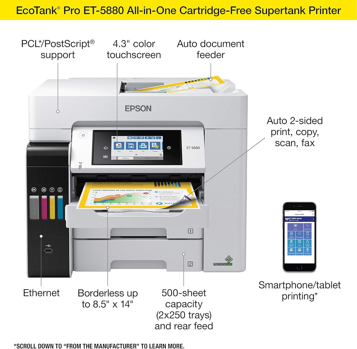 Epson EcoTank Pro ET-5880 Wireless Color All-in-One Supertank Printer with Scanner, Copier, Fax, Ethernet and PCL/Postscript, White