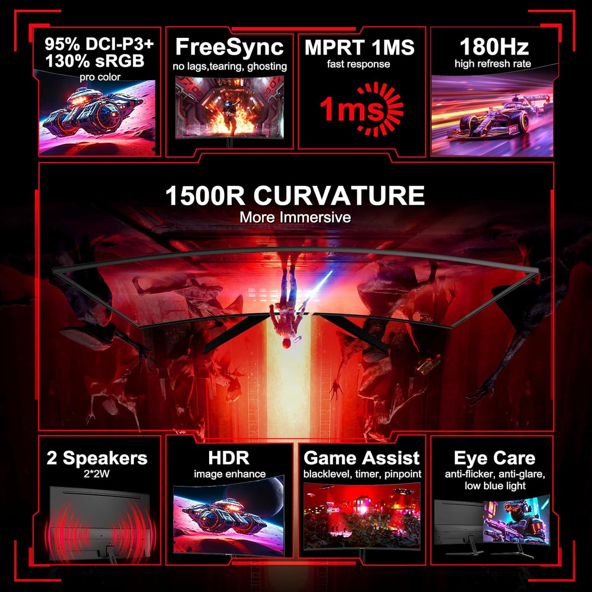 SANSUI 27 Inch Curved Gaming Monitor 180Hz 1ms with Speakers FHD 1080P Computer Monitor FreeSync|1500R|130% sRGB|HDR|Low Blue Light|HDMI DP Ports|VESA Mount|Metal Stand(ES-G27C1 HDMI Cable Incl.)