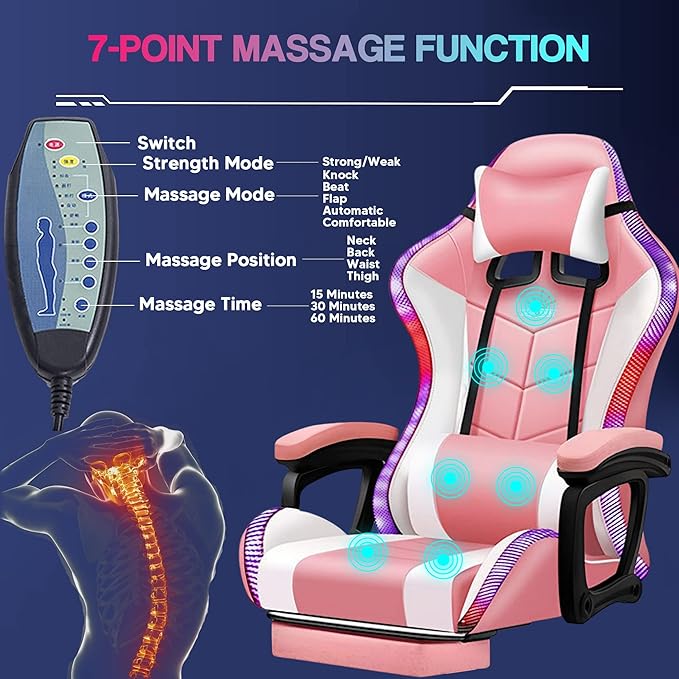Gaming Chair for Adults with Speakers Massage Computer Office Chair RGB Gamer Chair with Footrest and Lumbar Support Music Video Game Chair High Back PU Leather Ergonomic Desk PC ChairPink