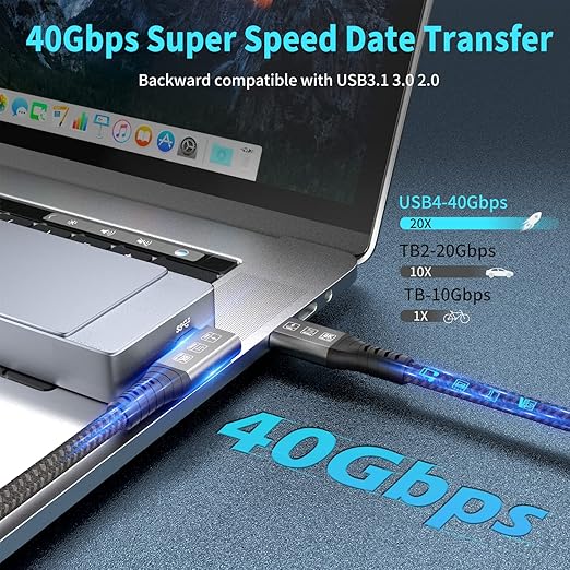 CHENLENIC USB4 Cable, with Thunderbolt 4, 240W Charging, 40 Gbps Data Cable, 8K @ 60Hz HDR, USB C to USB C Cable, 90Degree for Hub, Dock MacBook, M2, M3, Mac SSD (90Degree USB4 40G 240W 0.5M)
