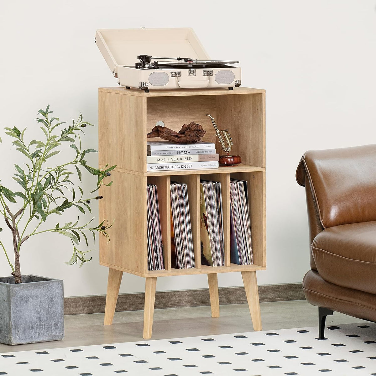 Lerliuo Record Player Stand, Burlywood Turntable Stand Holds up to 160 Albums, Mid-Century Vinyl Storage Cabinet Table with Solid Wood Legs, Record Player Holder Dispaly Shelf for Bedroom Living Room
