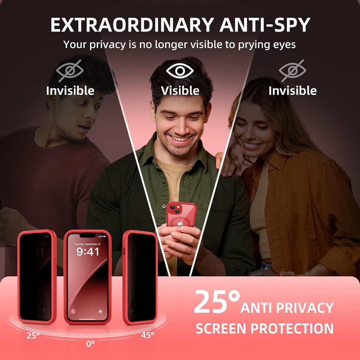 BERFY Magnetic for iPhone 14 Case, Compatible with MagSafe, Built-in Privacy Screen Protector and Upgraded Camera Protection, Anti-Spy Full Body Shockproof Phone Case for 14 6.1", Red
