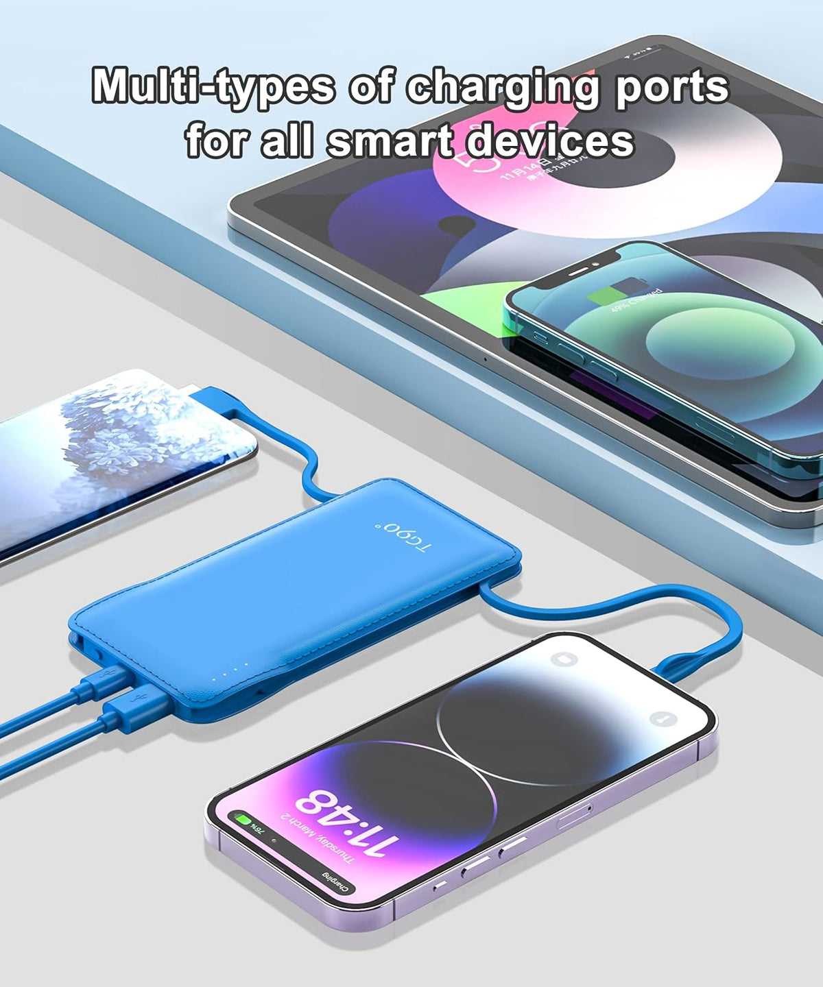 TG90° 10000mah Power Bank Portable Charger with Built-in Cables, Portable Phone Charger Battery Backup Compatible with iPhone 16 15 14 13 12 and Android Phones
