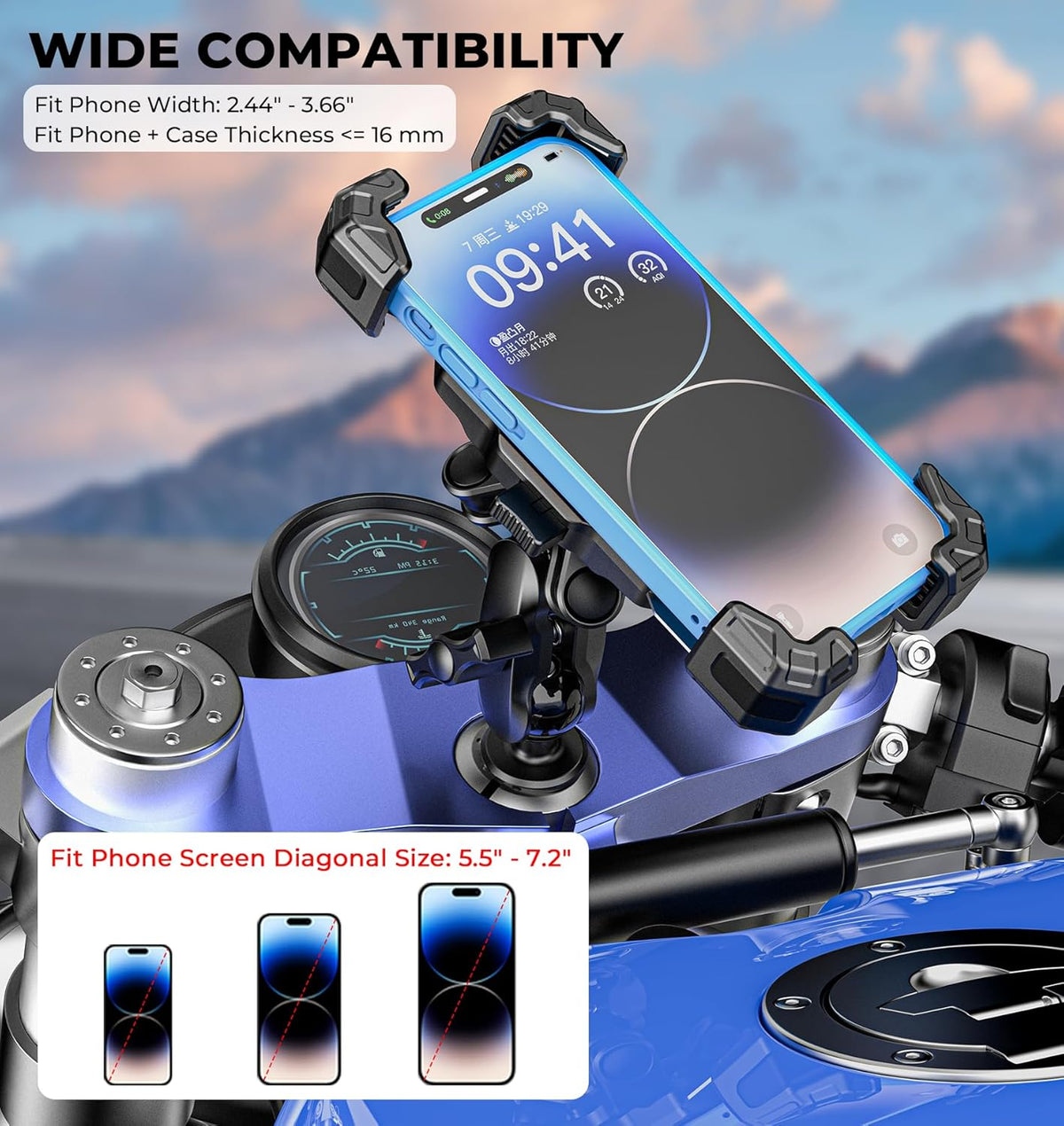 Motorcycle Fork Stem Phone Mount with Vibration Dampener, Motorcycle Cell Phone Holder with Aluminum Alloy Anti-Theft Short Arm, Fit 12mm to 25.4mm Diameter Stem Tubes, for 5.5"-7.2" Phones