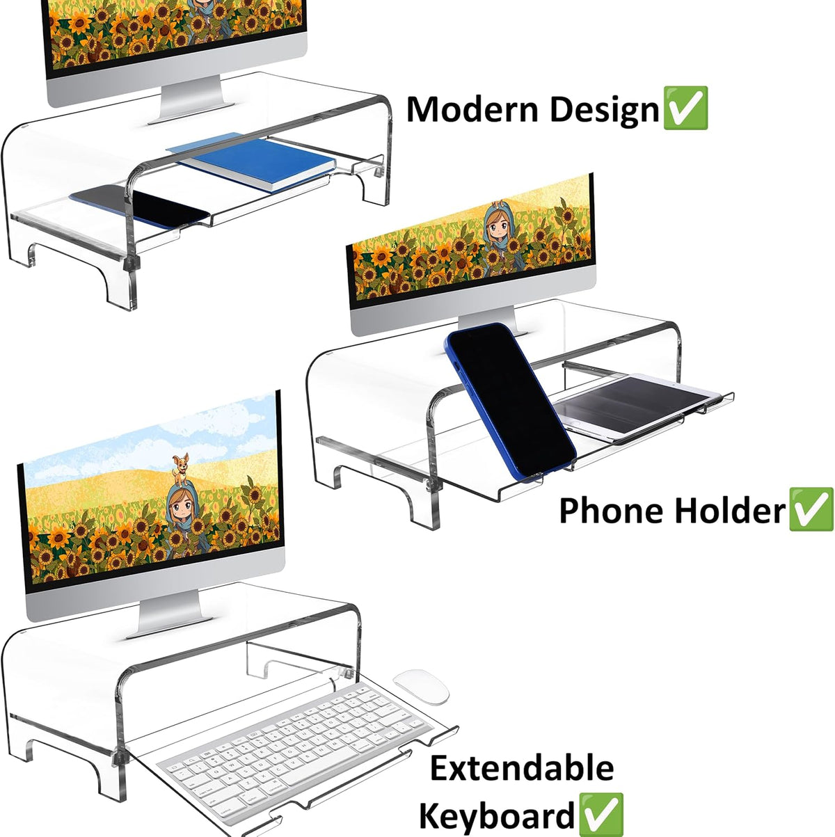 2 5.7 Inch AMT Tier High Acrylic Laptop Monitor Stand & Computer Riser with Cat Keyboard Protector, Space-Saving