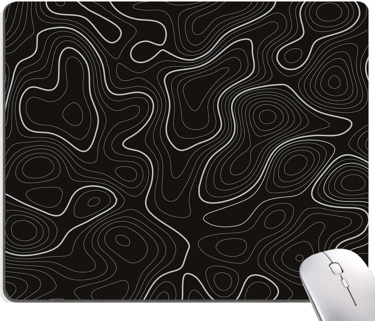 Topographic Contour Map Mouse Pad, Black Minimalist Mouse Mat Waterproof Non-Slip Rubber Base MousePads for Office Laptop Computer Desk