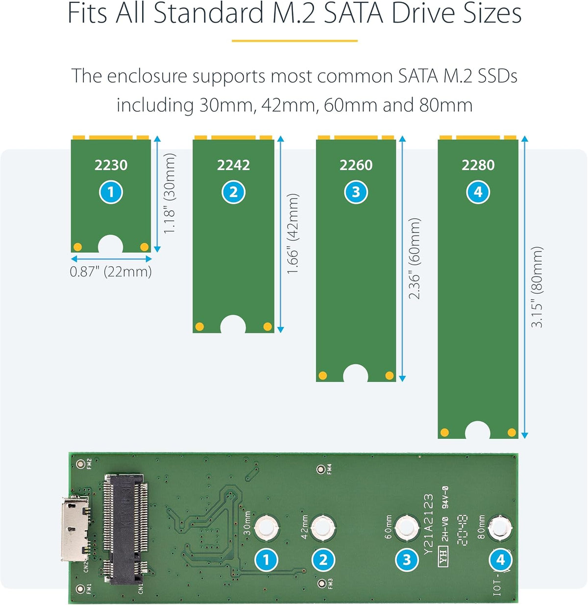 StarTech.com M.2 SSD Enclosure for M.2 SATA SSDs - USB 3.1 (10Gbps) with USB-C Cable - External Enclosure for USB-C Host - Aluminum, TAA (SM21BMU31C3)