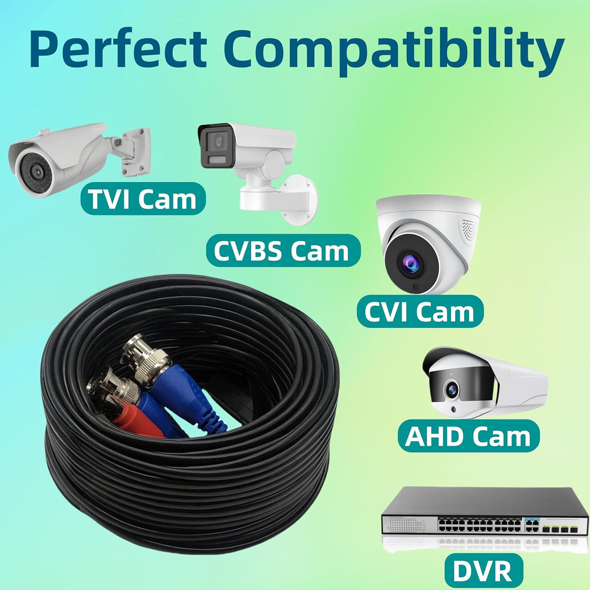 2 Pack 66ft (20M) 4K 4 100 Ultra HD BNC Video Cable Wire, Security Camera Extension Cable, All-in-One Siamese CCTV
